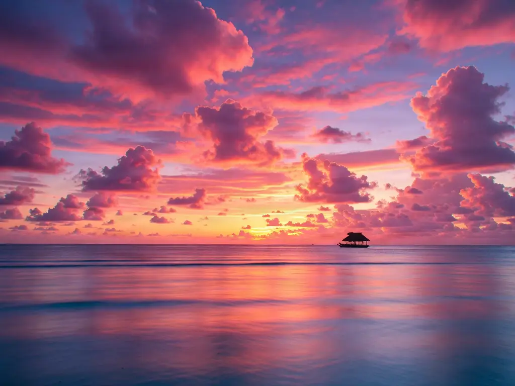 A beautiful sunset over the ocean with a tiki boat silhouette.